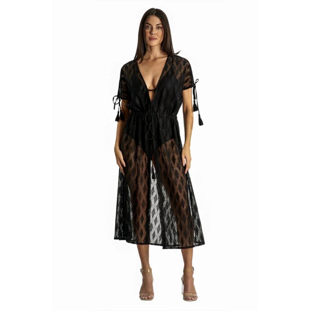 La Moda Black Mesh Tassel Swim Cover Up Duster One Size Beach Resort